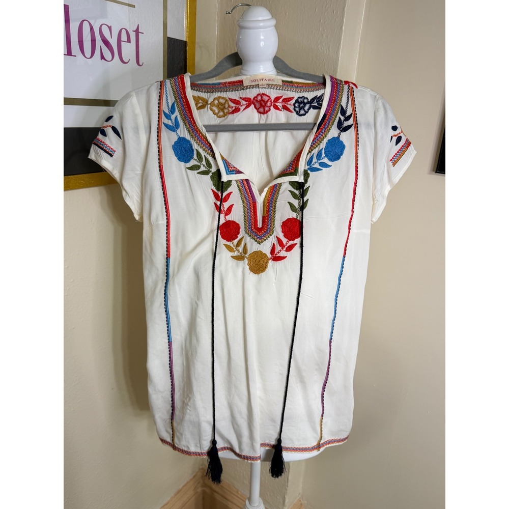 Solitaire Womens Small Ivory White Embroidered Floral Peasant Blouse Tassel Top
